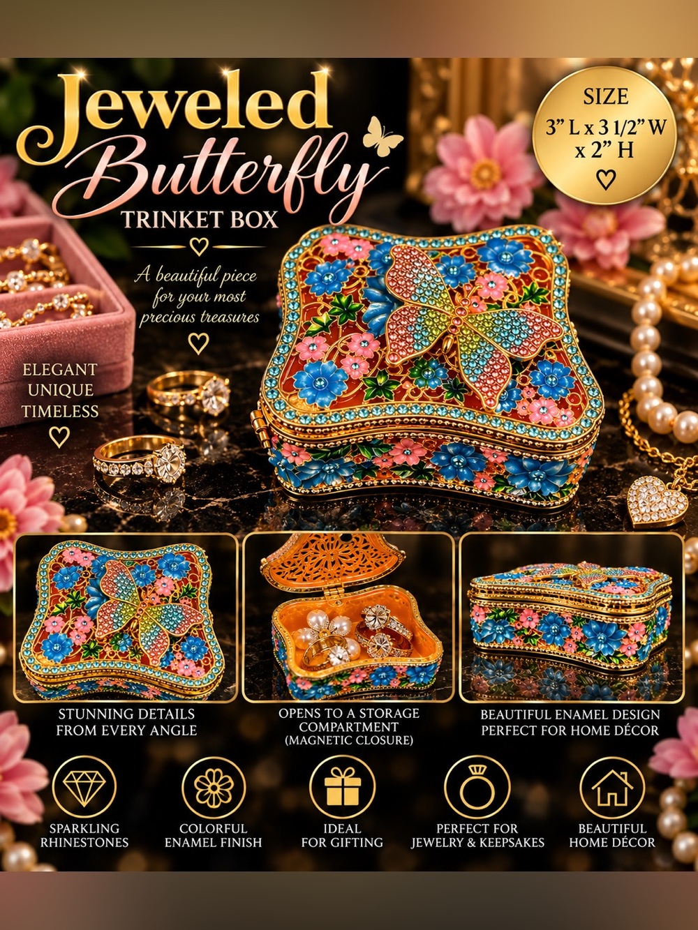 Jeweled Butterfly Trinket Box Rhinestone Enamel Jewelry Keepsake Box Floral Deco